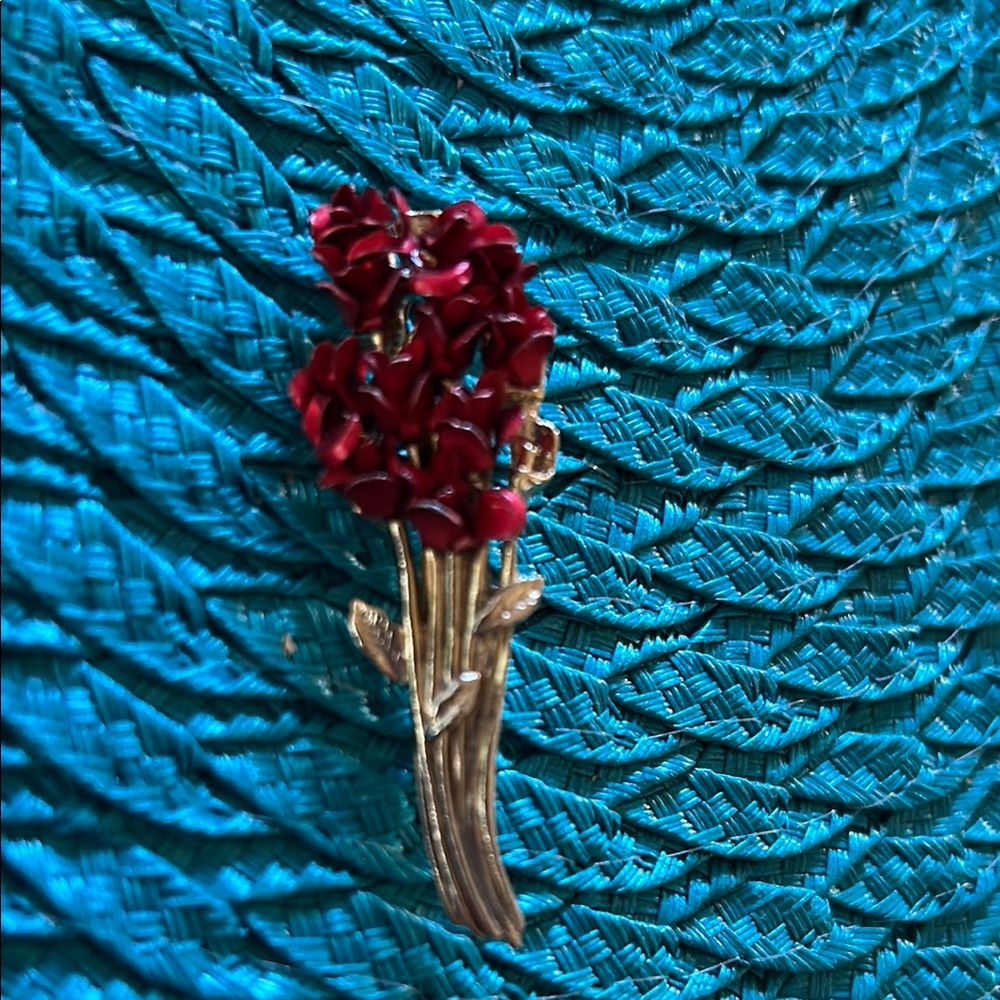 Vintage DM 97 Stamped Red Floral Brooch